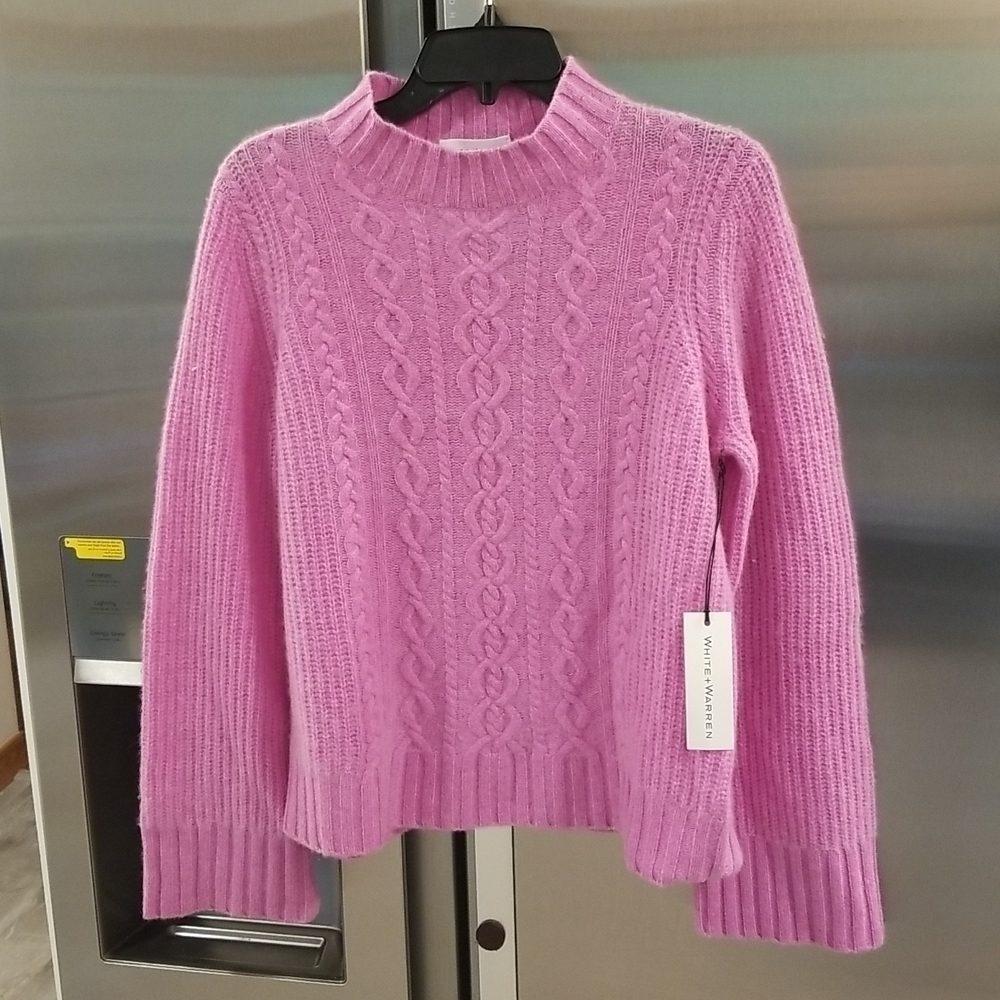 💕WHITE+WARREN💕 Cashmere Relaxed Cable Mockneck Sweater Wisteria Heather S NWT